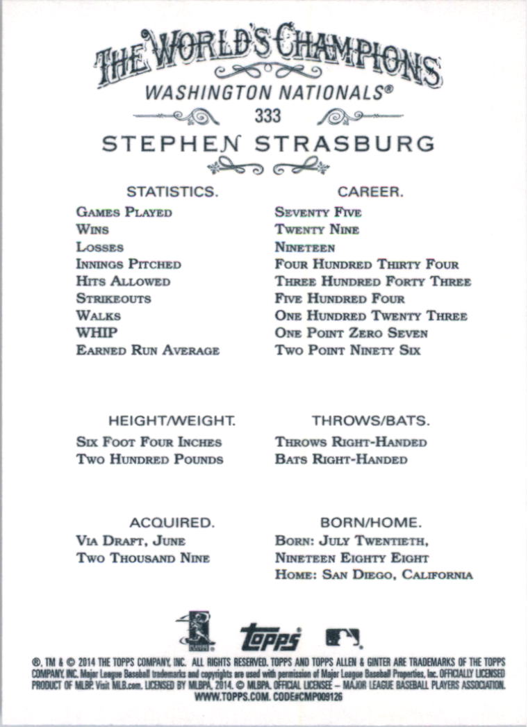 2014 Topps Allen and Ginter #333 Stephen Strasburg SP back image