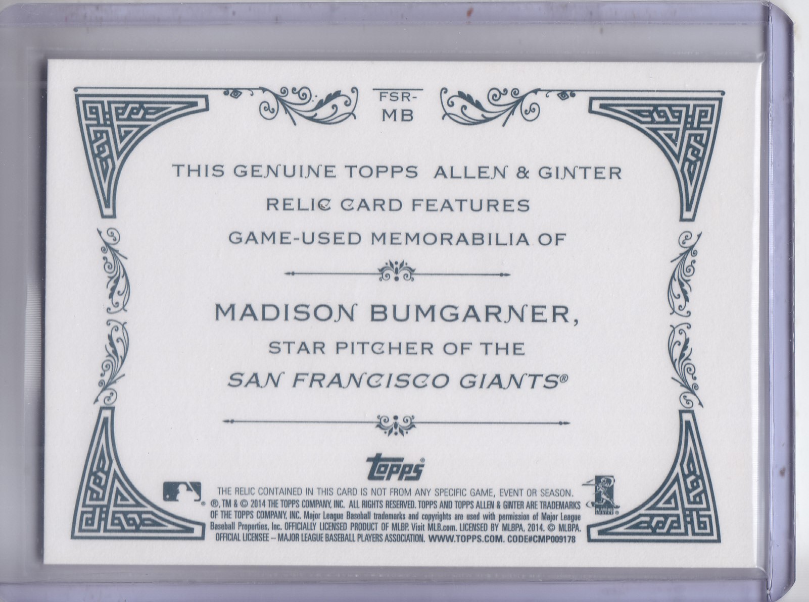2014 Topps Allen and Ginter Relics #FSRMB Madison Bumgarner A back image