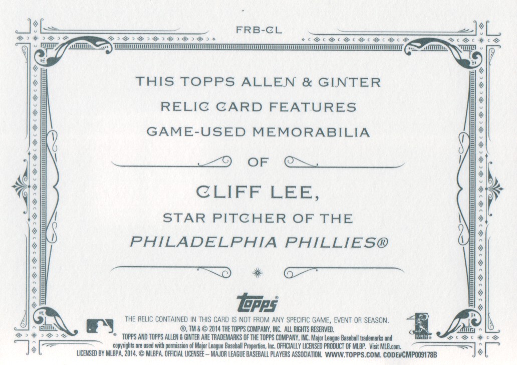 2014 Topps Allen and Ginter Relics #FRBCL Cliff Lee B back image