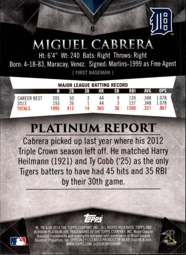 2014 Bowman Platinum #6 Miguel Cabrera back image