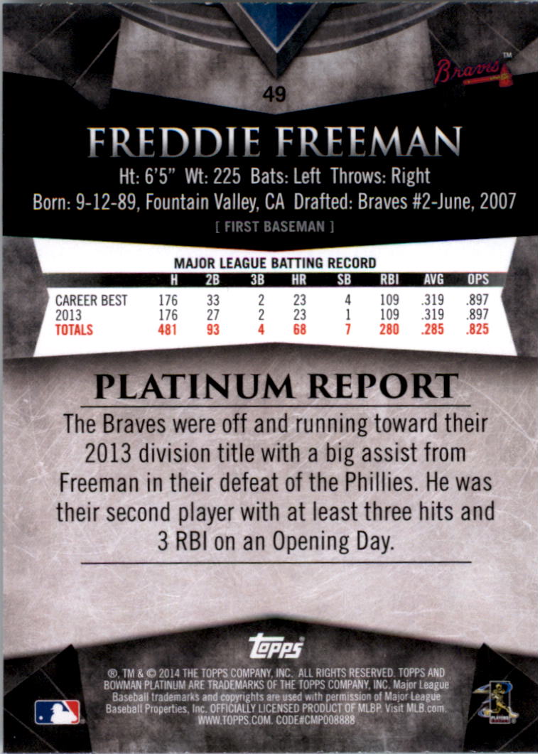 2014 Bowman Platinum #49 Freddie Freeman back image