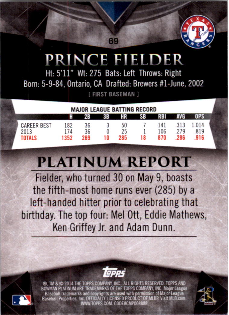 2014 Bowman Platinum Ruby #69 Prince Fielder back image
