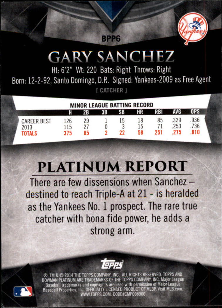 2014 Bowman Platinum Prospects #BPP6 Gary Sanchez back image