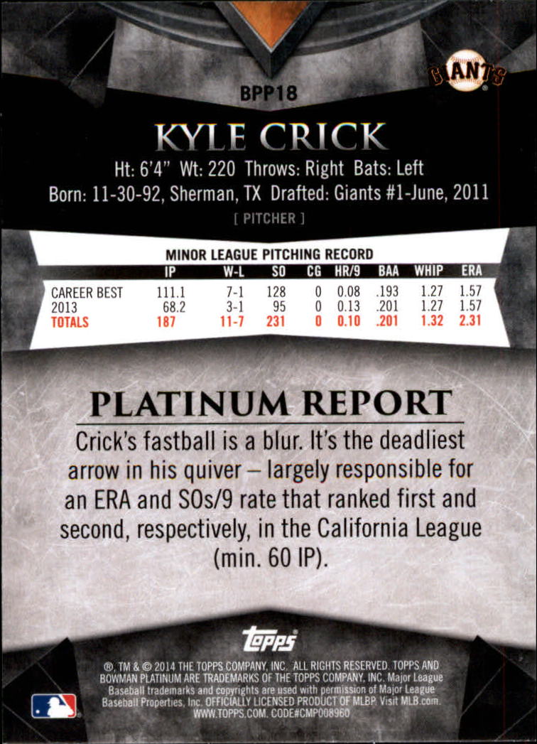 2014 Bowman Platinum Prospects #BPP18 Kyle Crick back image