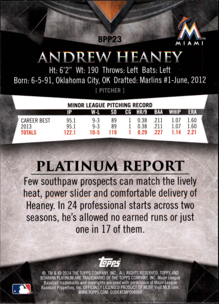 2014 Bowman Platinum Prospects #BPP23 Andrew Heaney back image