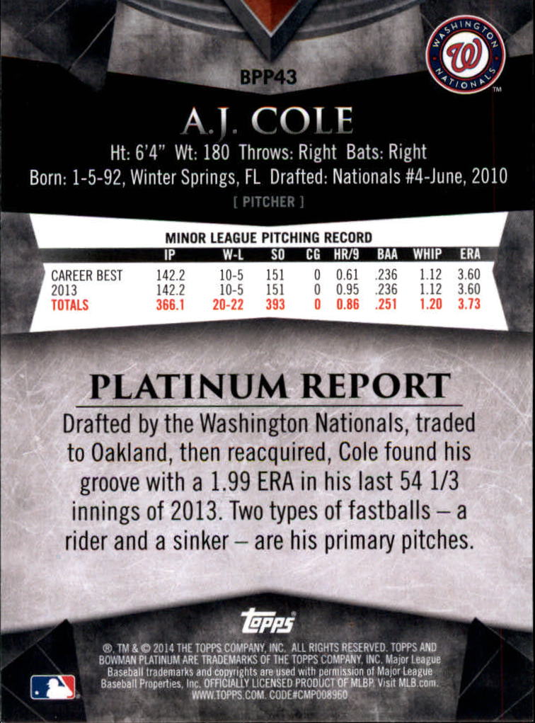 2014 Bowman Platinum Prospects #BPP43 A.J. Cole back image