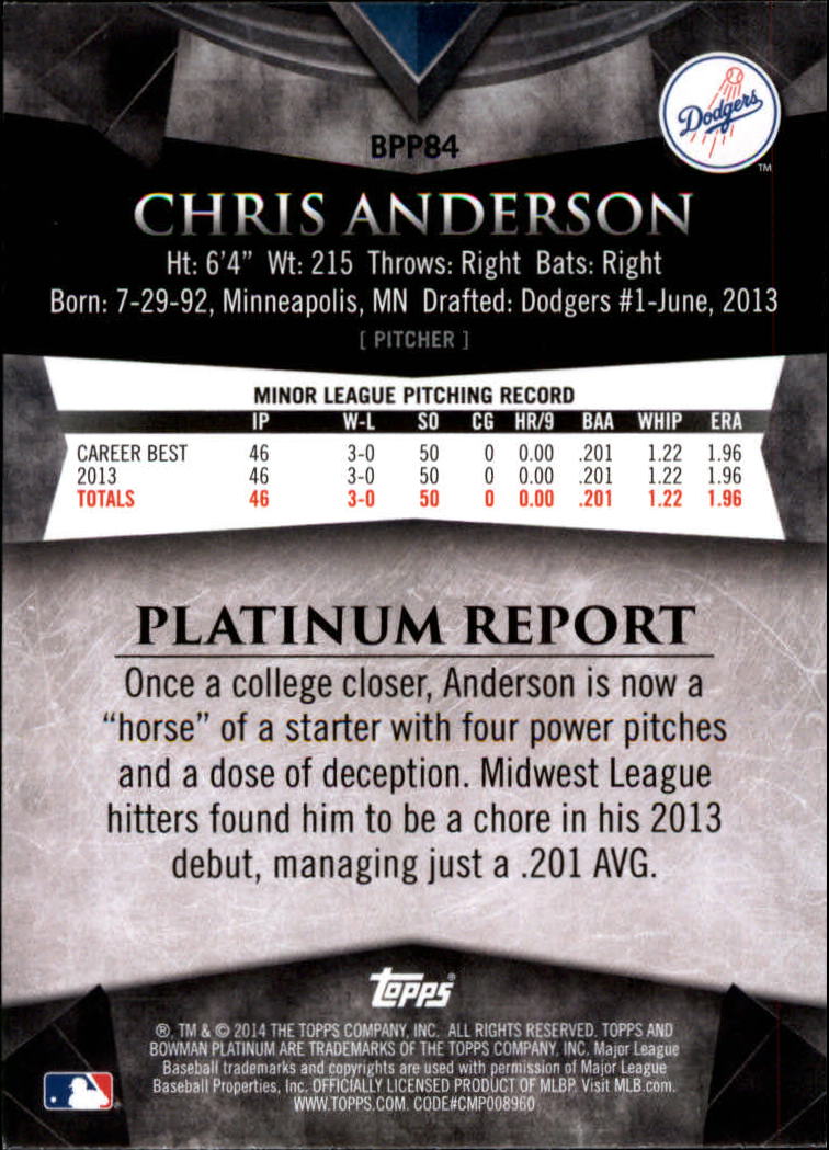 2014 Bowman Platinum Prospects #BPP84 Chris Anderson back image