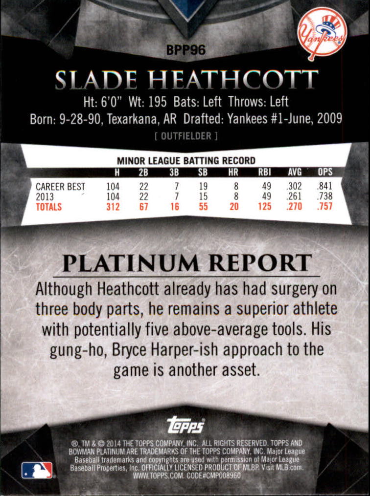 2014 Bowman Platinum Prospects #BPP96 Slade Heathcott back image