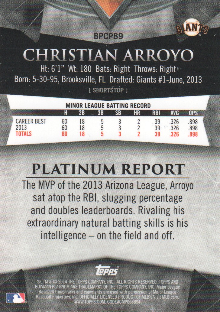 2014 Bowman Platinum Chrome Prospects Refractors #BPCP89 Christian Arroyo back image