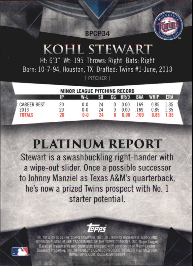 2014 Bowman Platinum Chrome Prospects Green Refractors #BPCP34 Kohl Stewart back image
