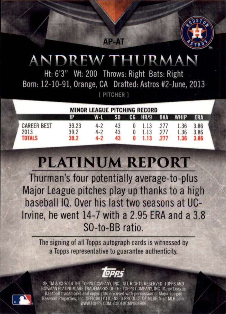 2014 Bowman Platinum Prospect Autographs Green Refractors #APAT Andrew Thurman back image