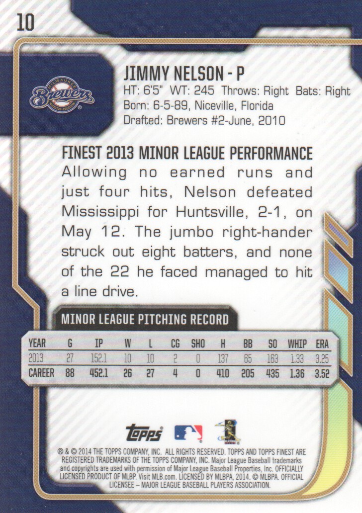 2014 Finest #10 Jimmy Nelson RC back image