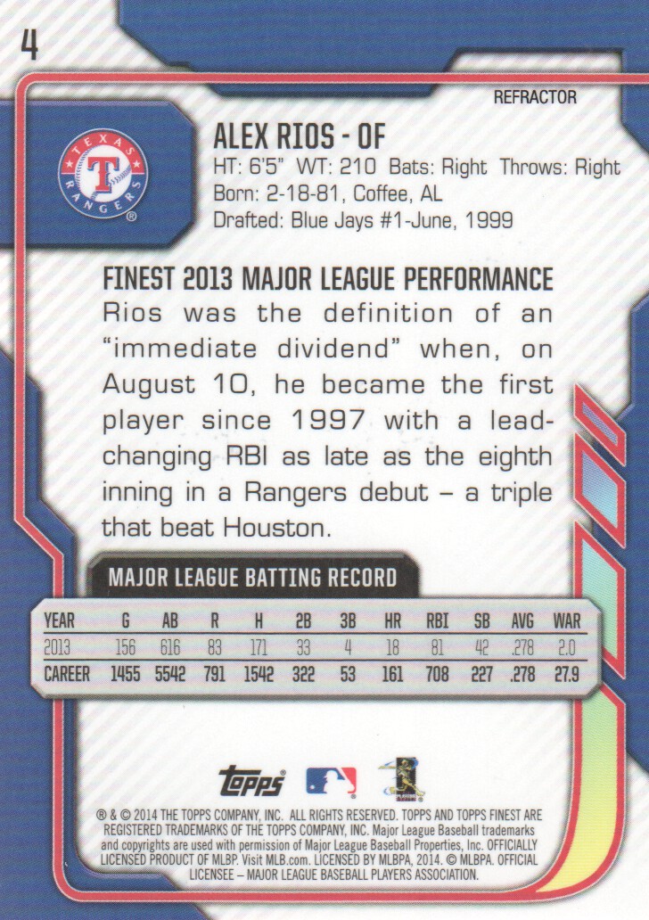 2014 Finest Refractors #4 Alex Rios back image