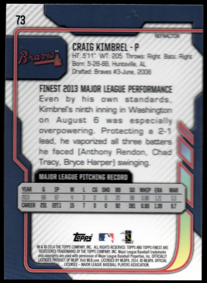 2014 Finest Refractors #73 Craig Kimbrel back image