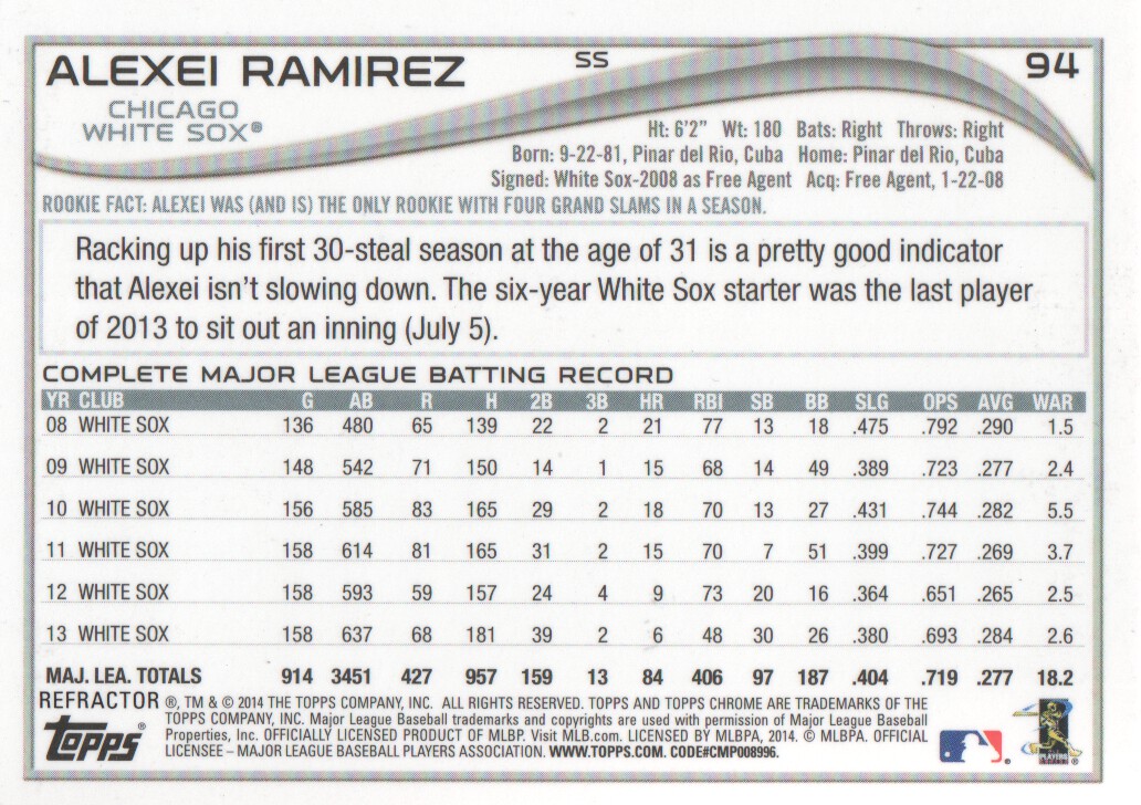 2014 Topps Chrome Refractors #94 Alexei Ramirez back image
