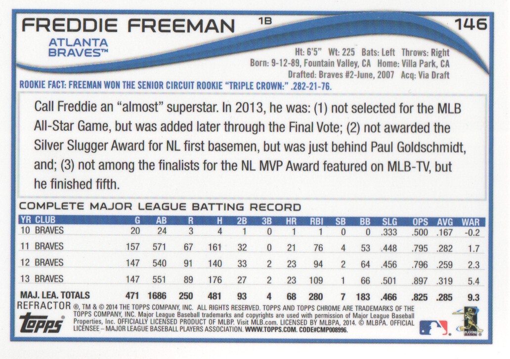 2014 Topps Chrome Refractors #146 Freddie Freeman back image