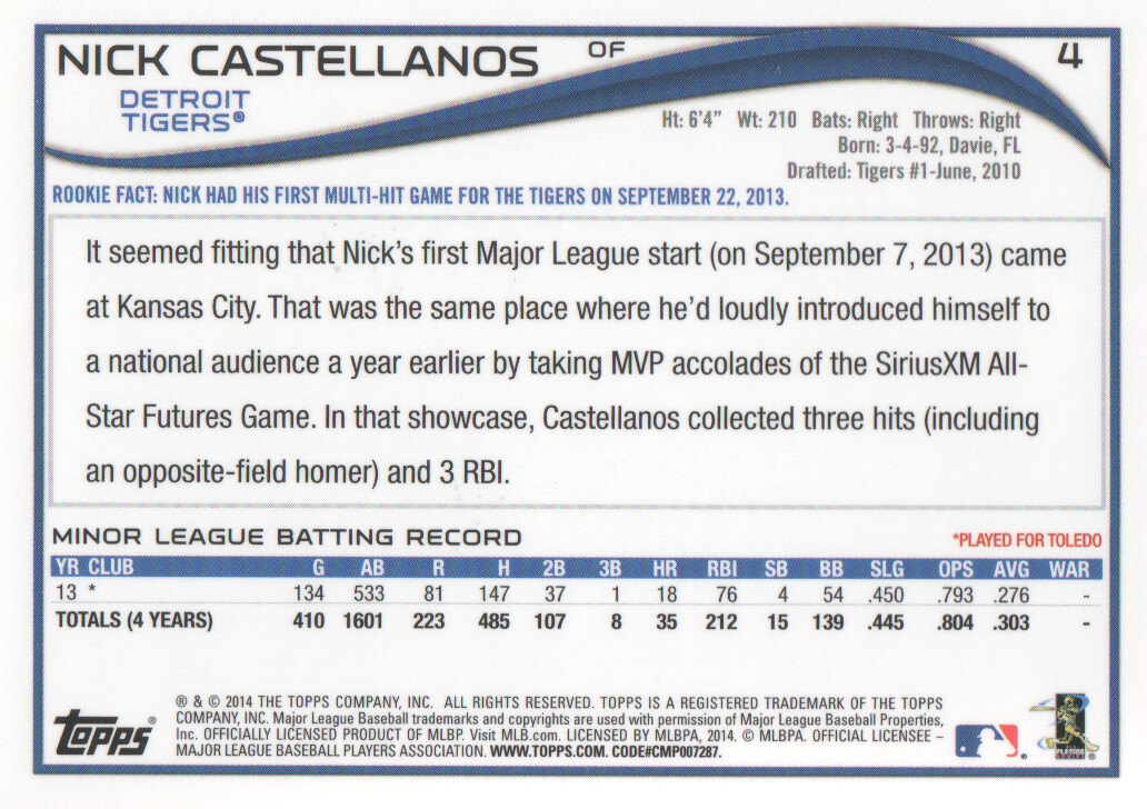 2014 Topps Chrome Rookie Autographs #4 Nick Castellanos back image