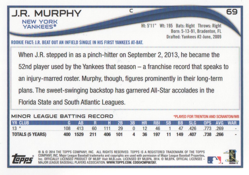 2014 Topps Chrome Rookie Autographs #69 J.R. Murphy back image