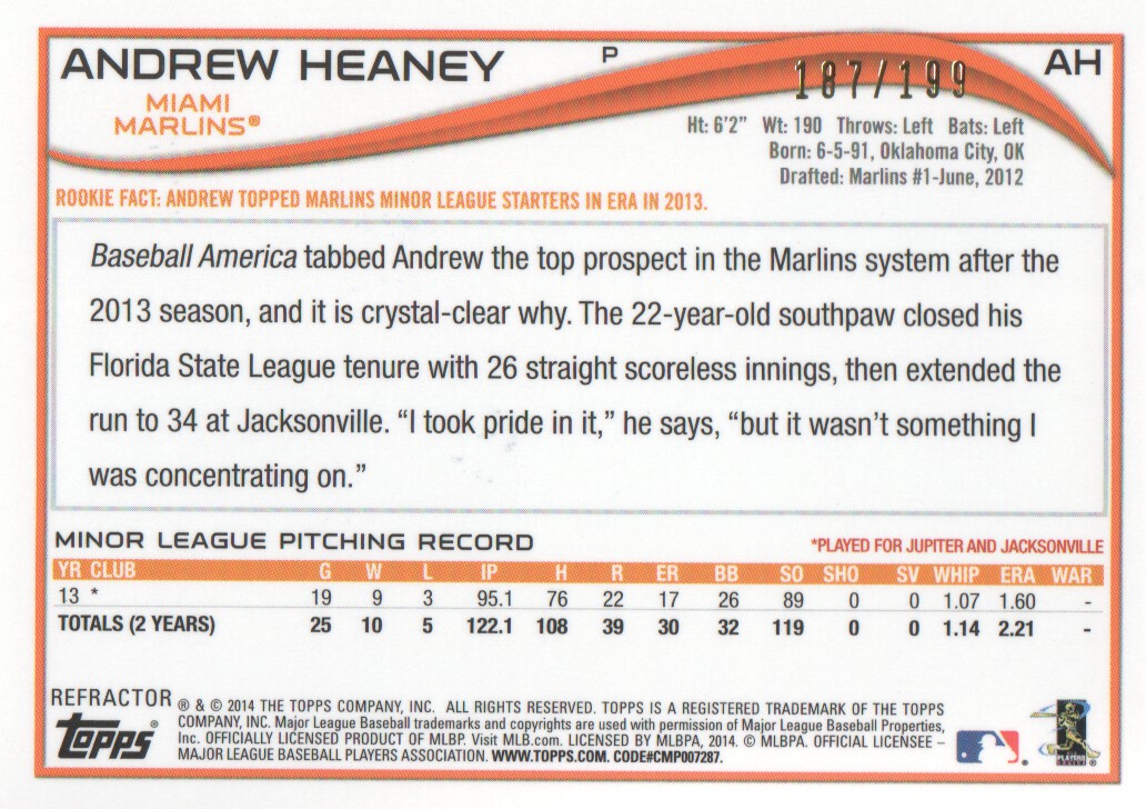 2014 Topps Chrome Rookie Autographs Blue Refractors #AH Andrew Heaney back image