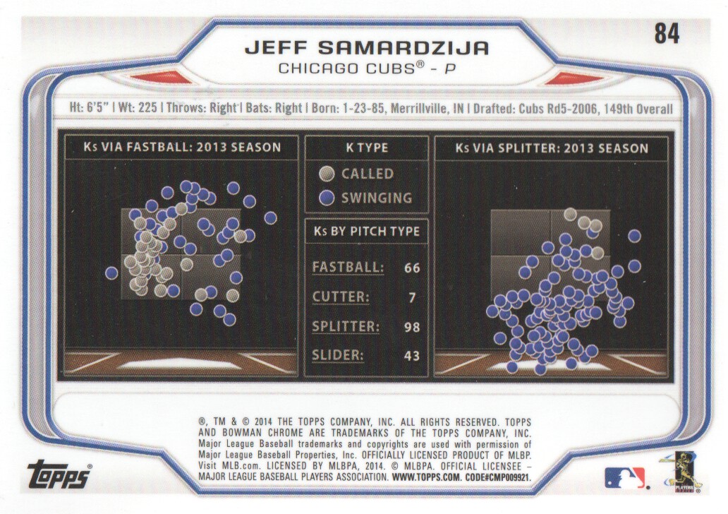 2014 Bowman Chrome #84 Jeff Samardzija back image