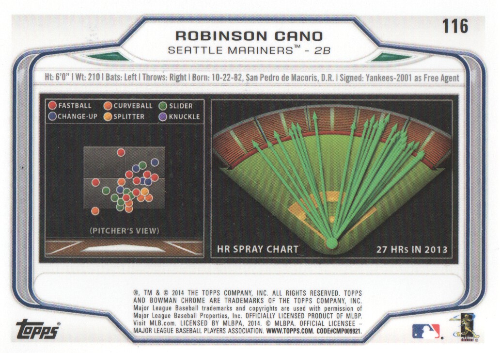2014 Bowman Chrome #116 Robinson Cano back image