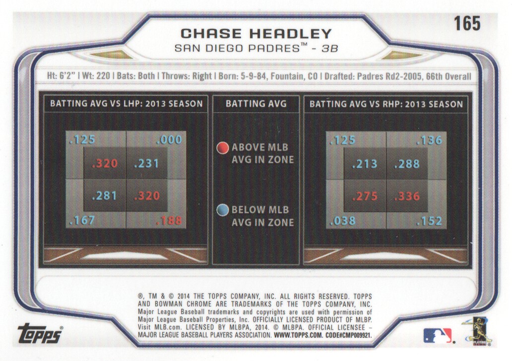 2014 Bowman Chrome #165 Chase Headley back image