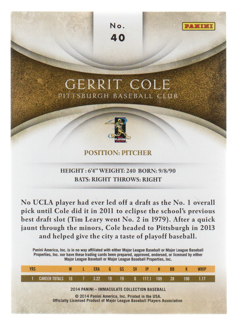 2014 Immaculate Collection #40 Gerrit Cole back image