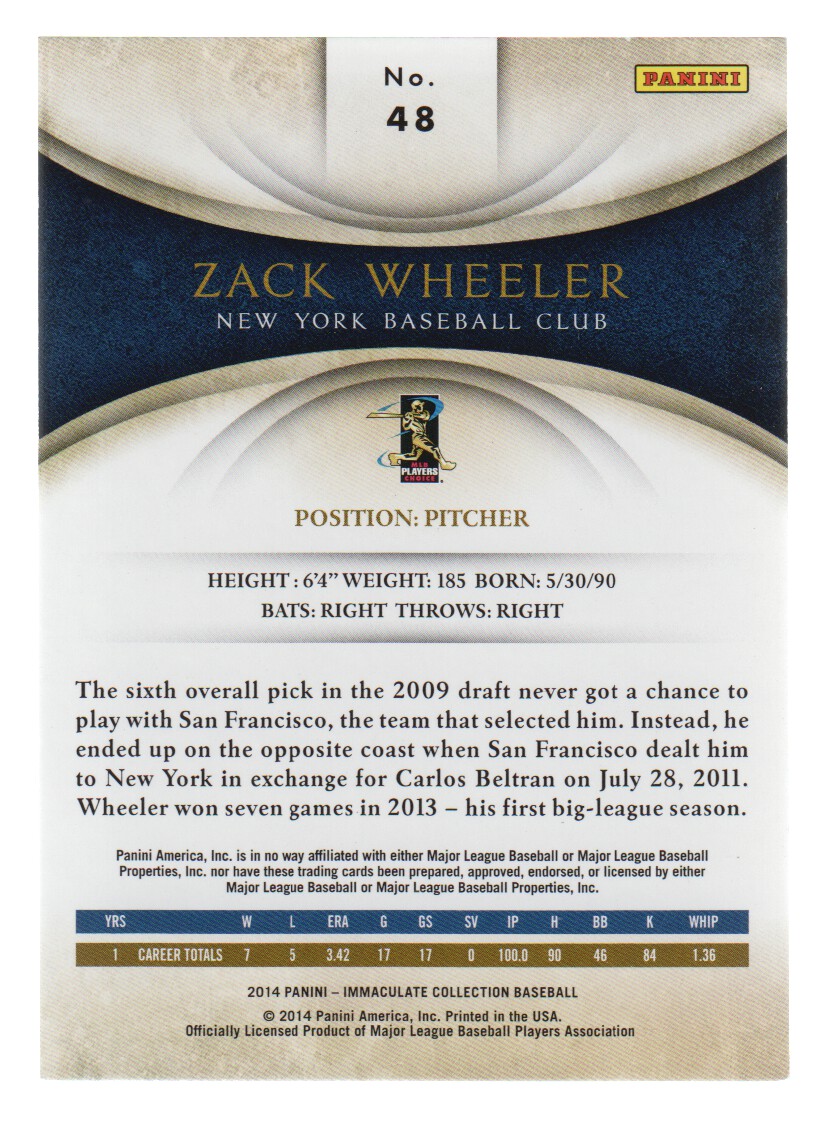2014 Immaculate Collection #48 Zack Wheeler back image