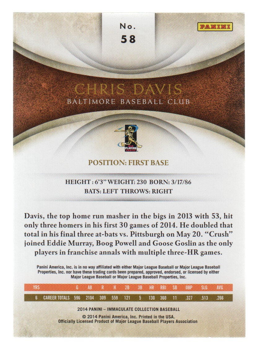 2014 Immaculate Collection #58 Chris Davis back image