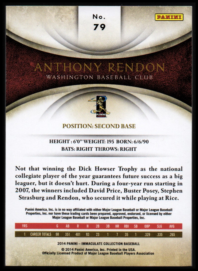 2014 Immaculate Collection #79 Anthony Rendon back image