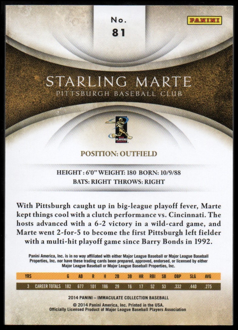 2014 Immaculate Collection #81 Starling Marte back image