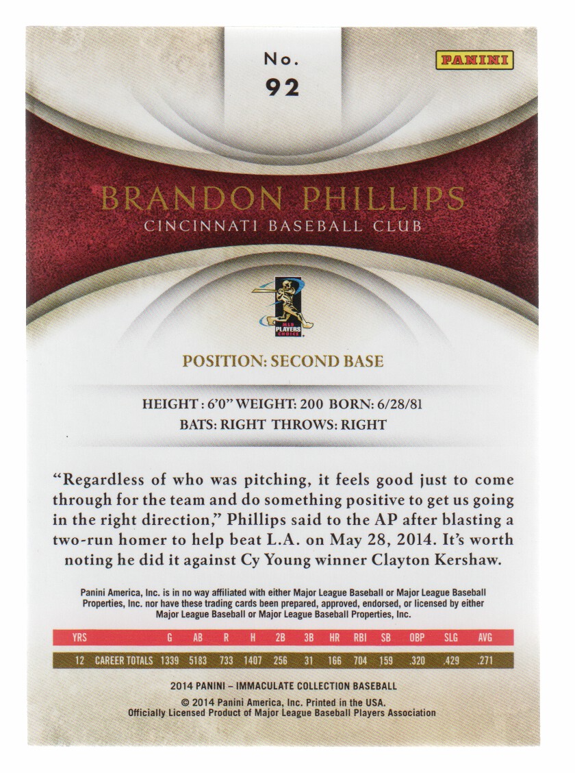 2014 Immaculate Collection #92 Brandon Phillips back image