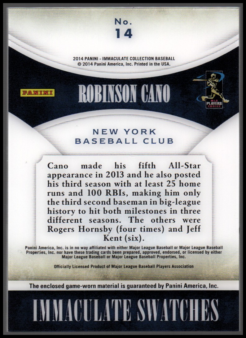 2014 Immaculate Collection Immaculate Swatches #14 Robinson Cano/99 back image