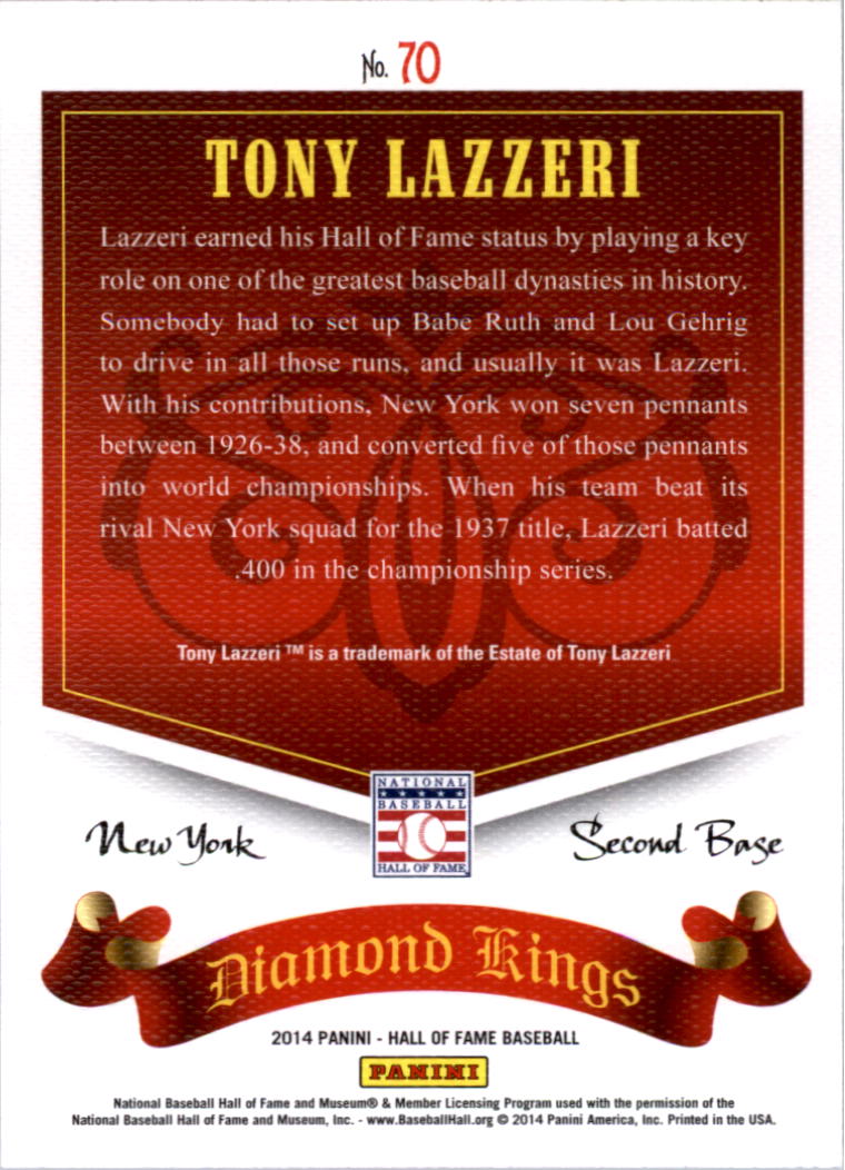2014 Panini Hall of Fame Diamond Kings #70 Tony Lazzeri back image