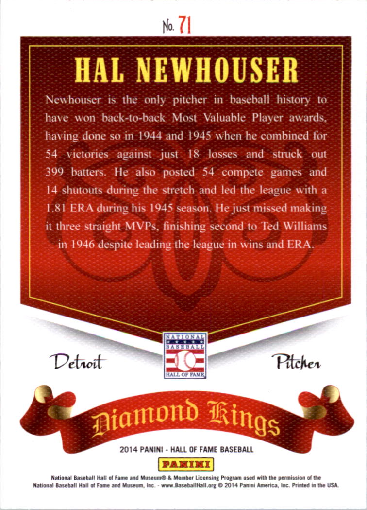 2014 Panini Hall of Fame Diamond Kings #71 Hal Newhouser back image