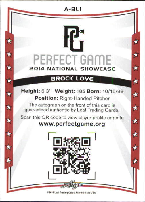 2014 Leaf Perfect Game Showcase Autographs #ABL1 Brock Love back image