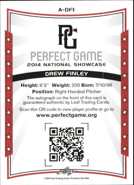 2014 Leaf Perfect Game Showcase Autographs #ADF1 Drew Finley SP back image
