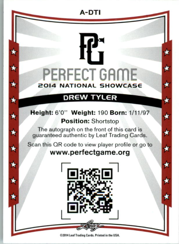 2014 Leaf Perfect Game Showcase Autographs #ADT1 Drew Tyler back image