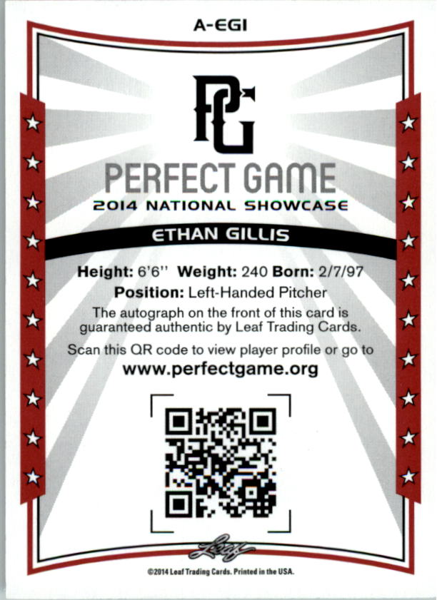 2014 Leaf Perfect Game Showcase Autographs Blue #AEG1 Ethan Gillis/25 back image