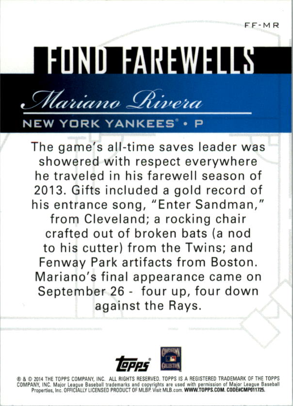 2014 Topps Update Fond Farewells #FFMR Mariano Rivera back image