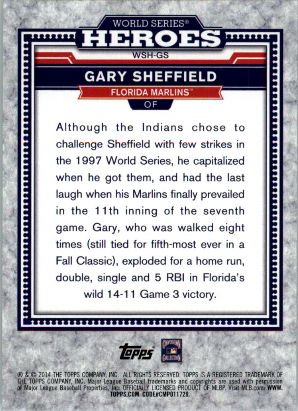 2014 Topps Update World Series Heroes #WSHGS Gary Sheffield back image