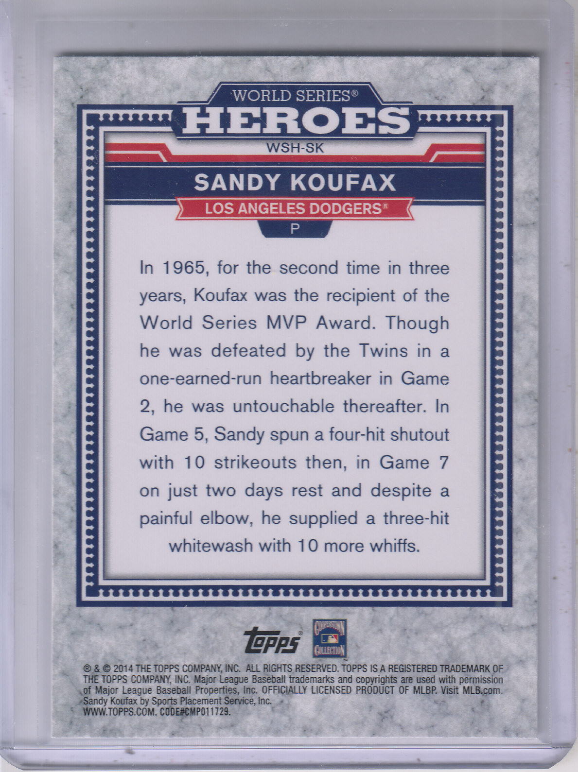 2014 Topps Update World Series Heroes #WSHSK Sandy Koufax back image