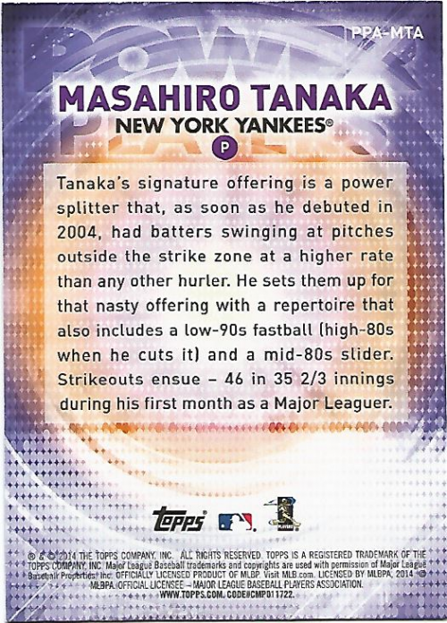 2014 Topps Update Power Players #PPAMTA Masahiro Tanaka back image