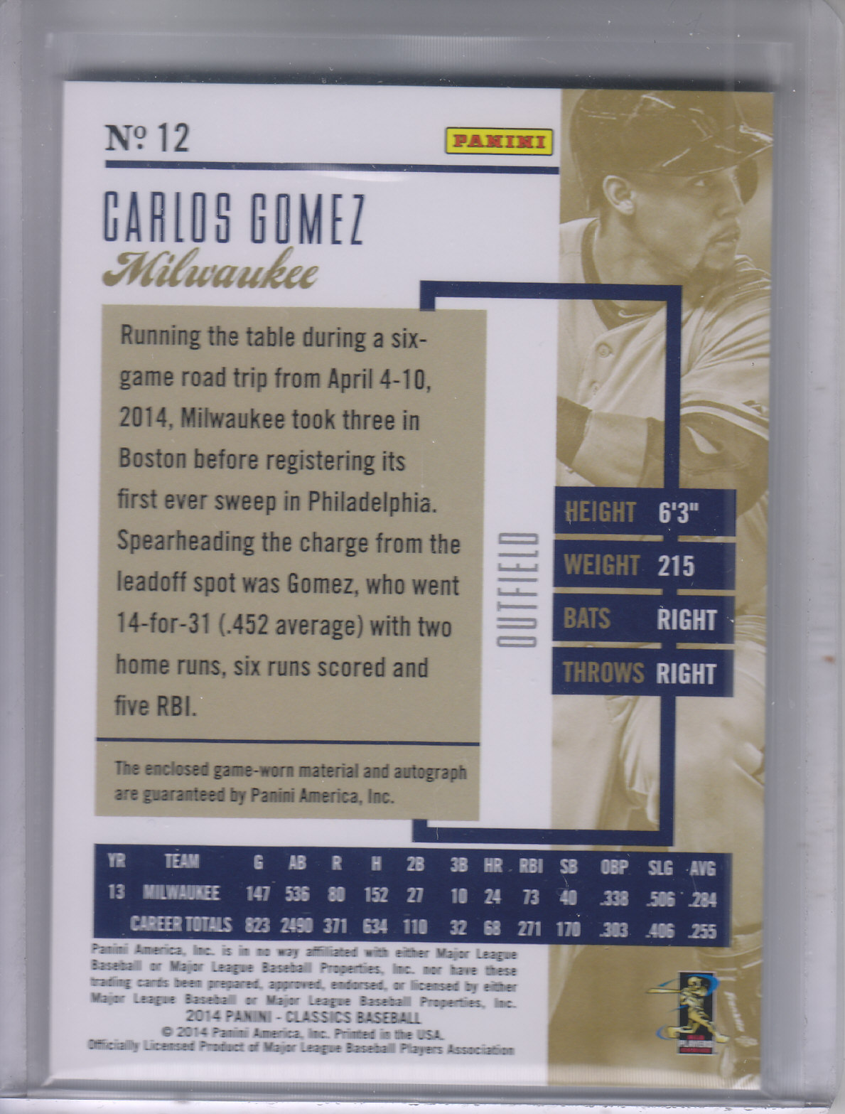 2014 Classics Significant Signatures Jerseys Silver #12 Carlos Gomez/199 back image