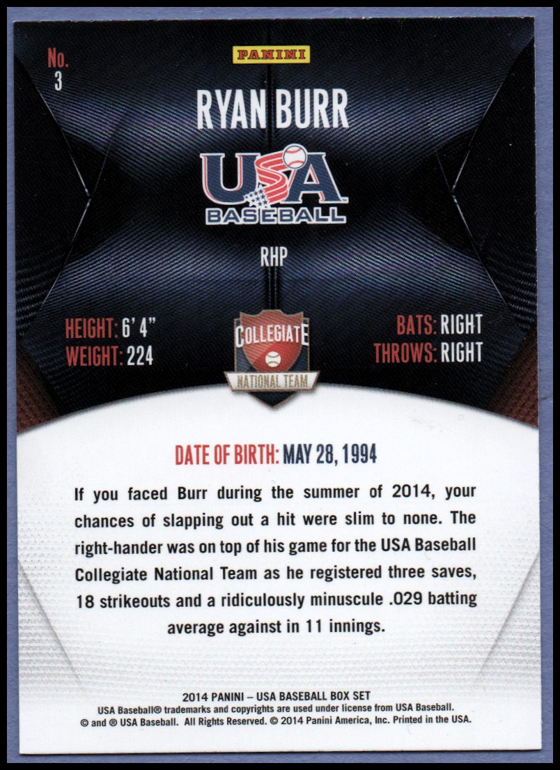 2014 USA Baseball #3 Ryan Burr back image