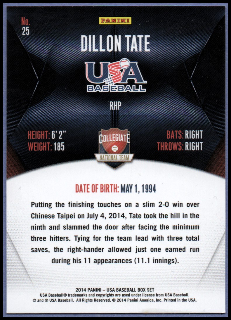 2014 USA Baseball #25 Dillon Tate back image