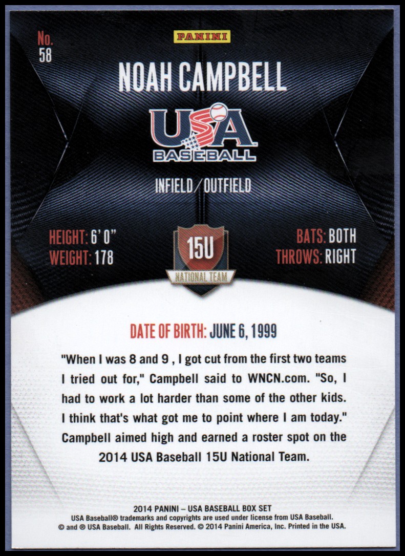 2014 USA Baseball #58 Noah Campbell back image