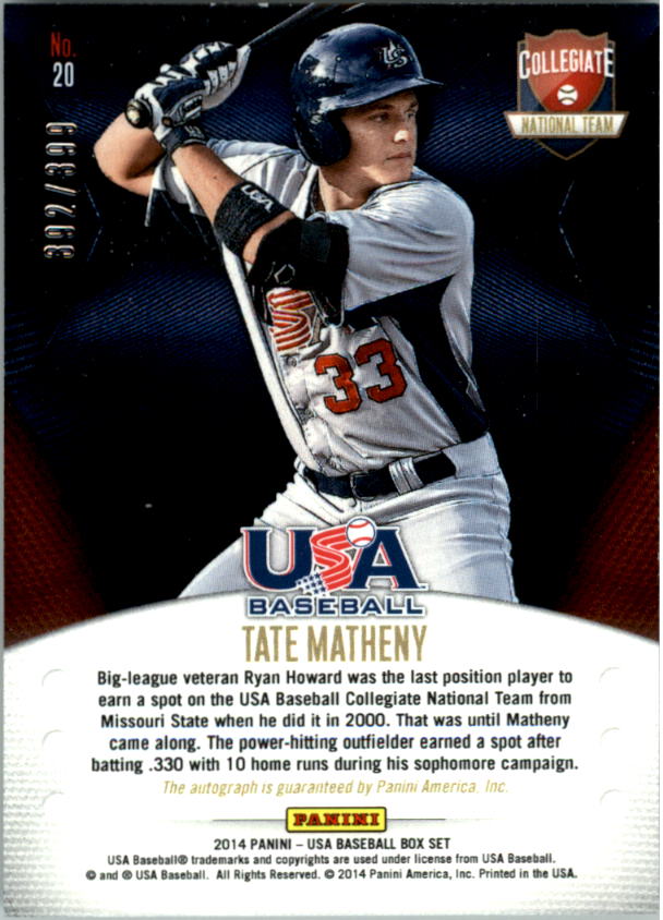 2014 USA Baseball Collegiate National Team Signatures #20 Tate Matheny back image