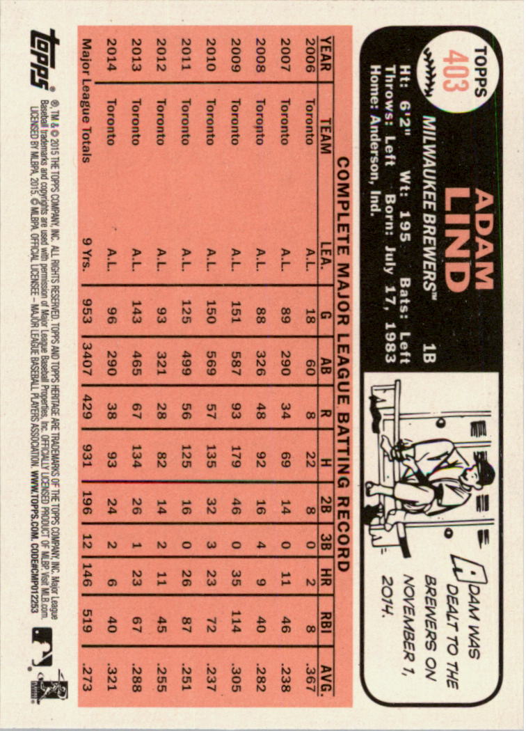 A0025- 2015 Topps Heritage BB #s 250-493 +Rookies -You Pick- 15+ FREE US SHIP - Picture 249 of 323