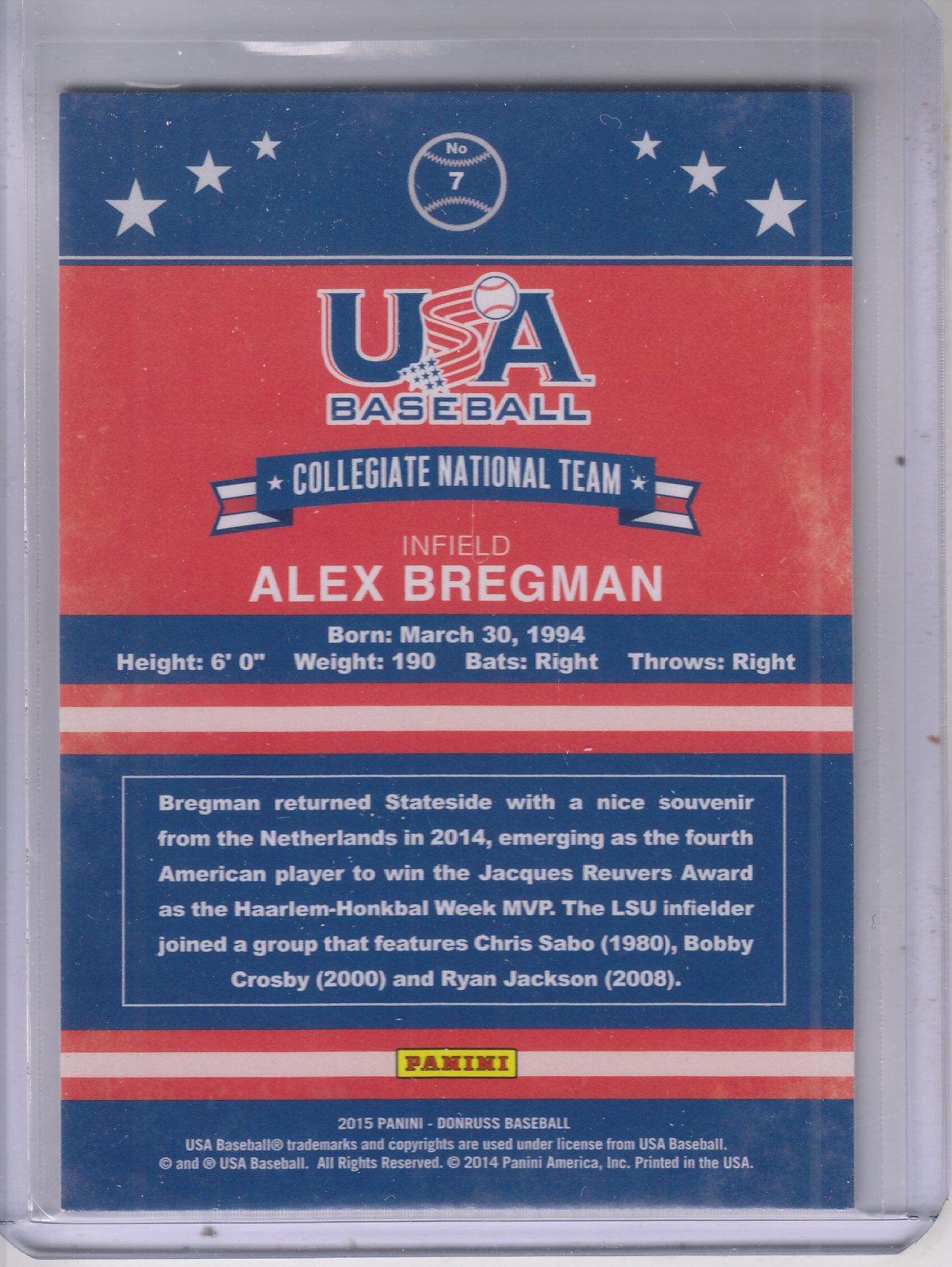 2015 Donruss USA Collegiate National Team #7 Alex Bregman back image